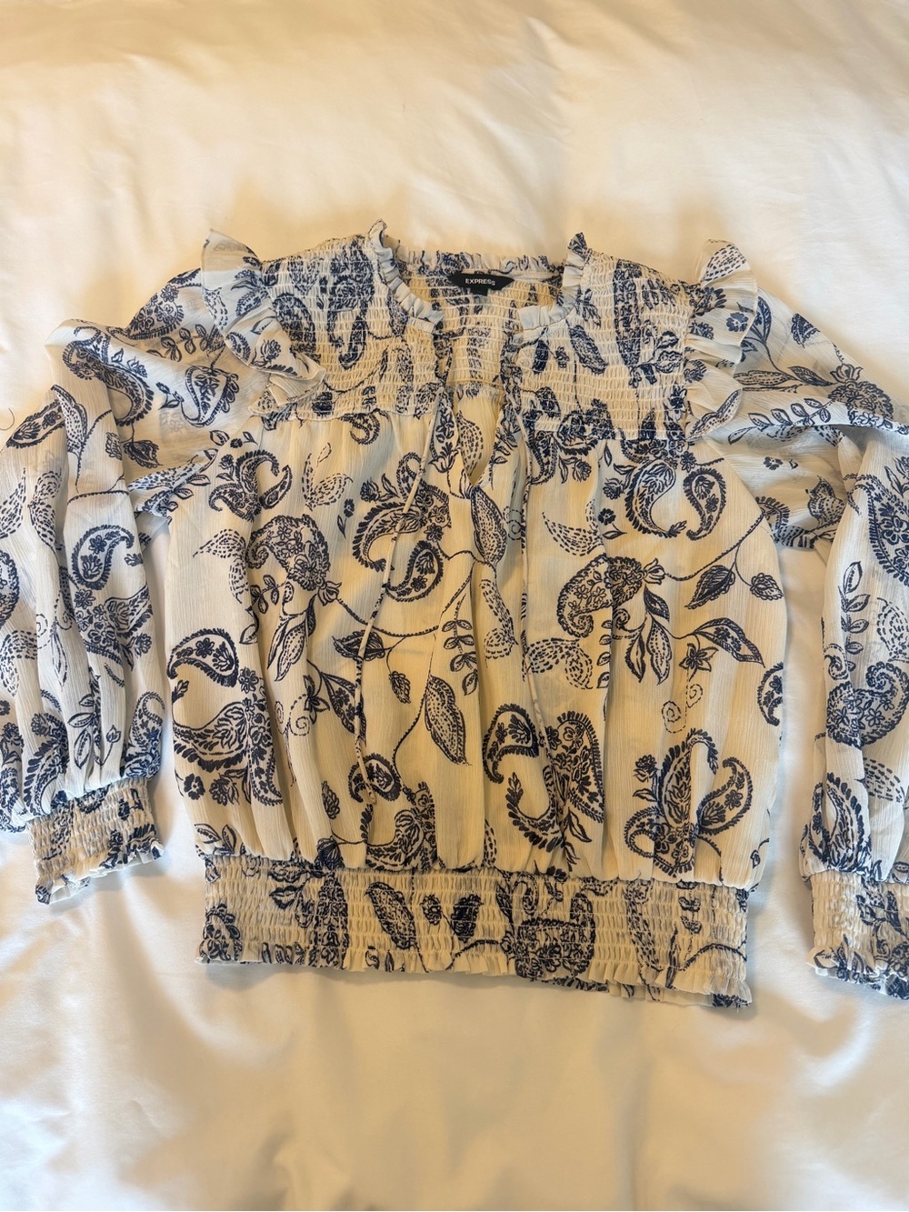 Express Cream and Blue Smocked Floral Peasant Blouse